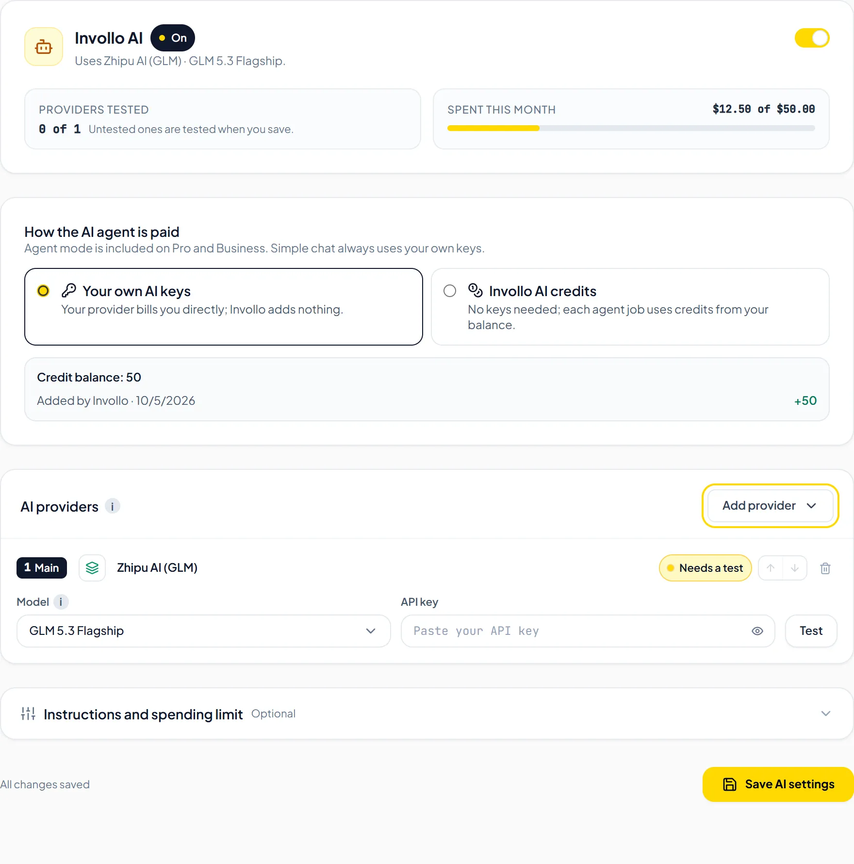 Invollo AI configuration panel with BYOK provider activation switch and Add provider dropdown