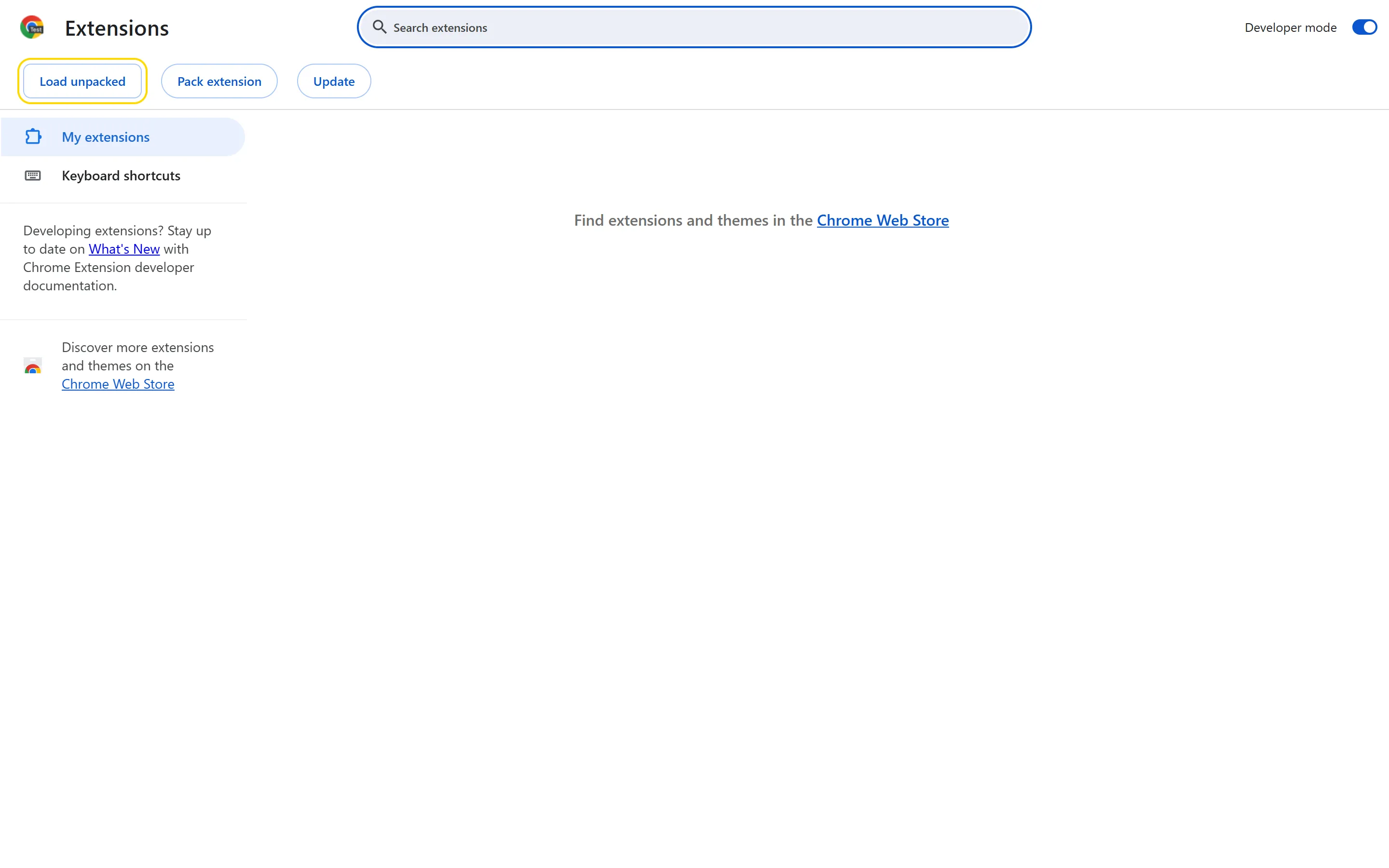 Chrome extensions manager with Developer mode enabled and Load unpacked highlighted