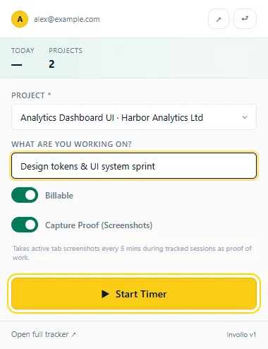Invollo Chrome extension timer popup with project selection