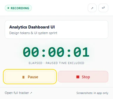 Invollo Chrome extension active timer running with elapsed time counter