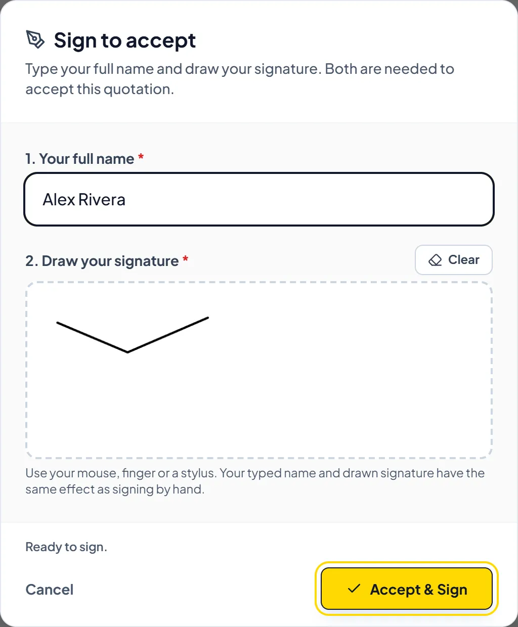 Public client quotation e-signature modal with drawn signature pad and signer name
