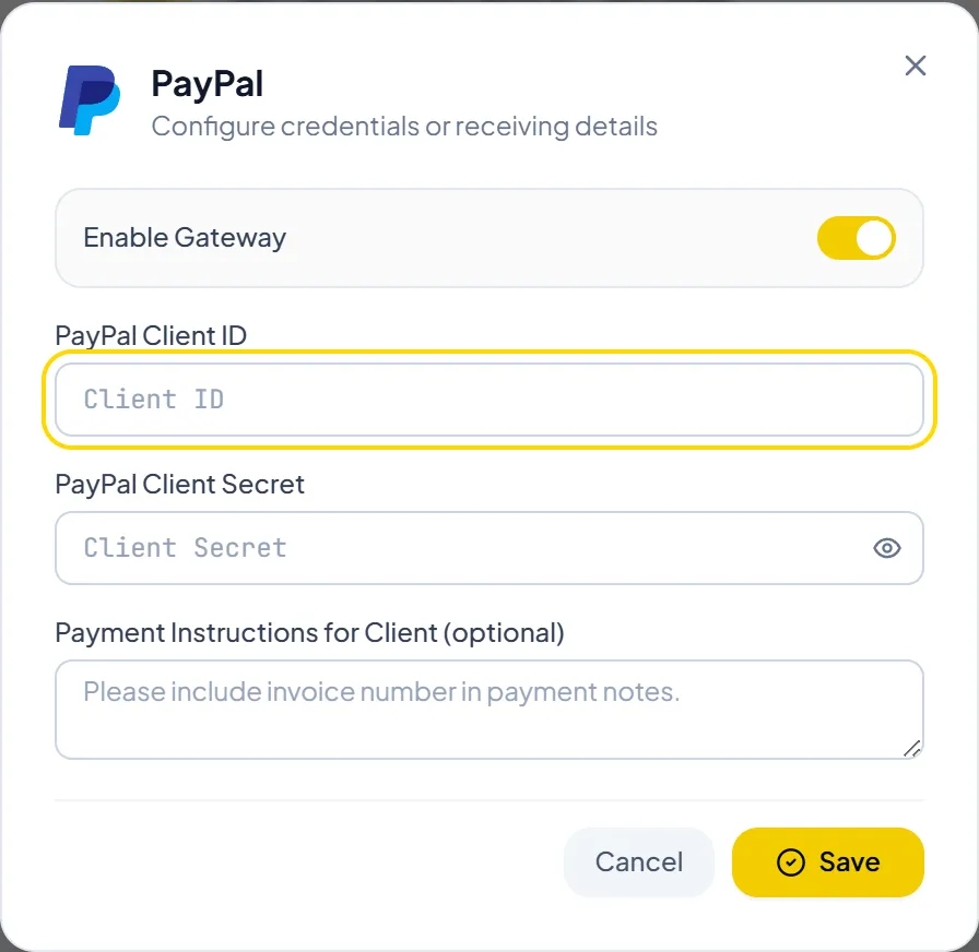PayPal payment gateway configuration dialog with client credentials