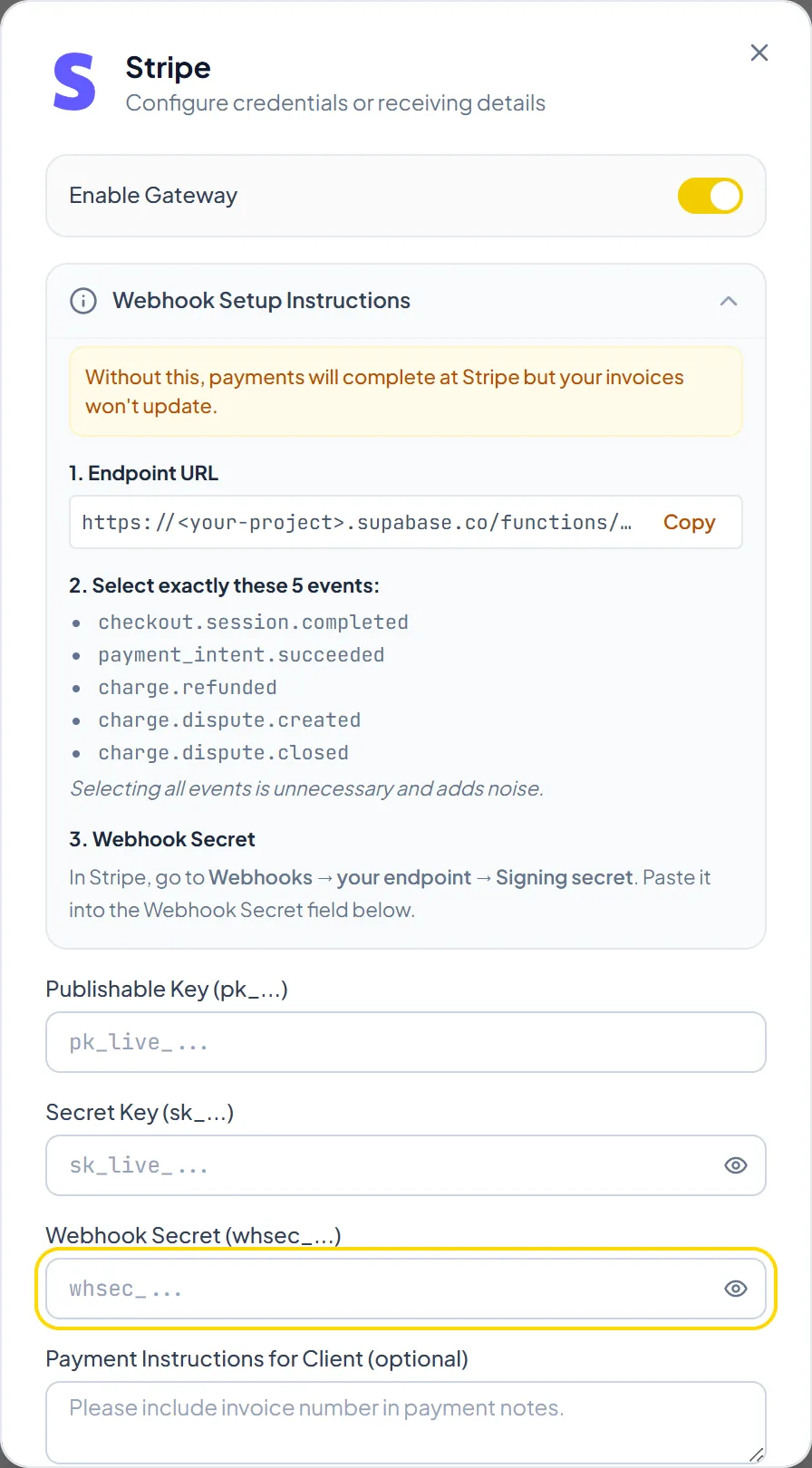 Stripe gateway configuration modal with webhook instructions and secrets