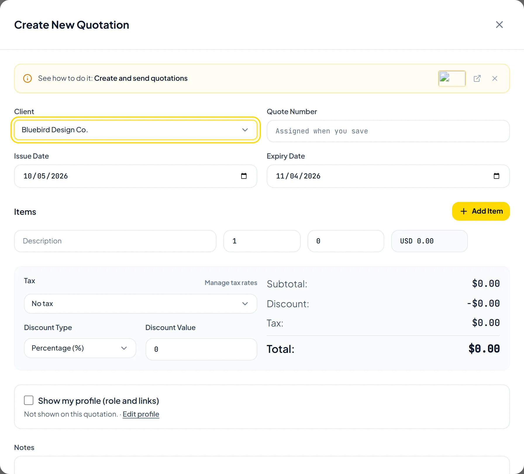 Quotation builder drawer with client selection, line items, and terms