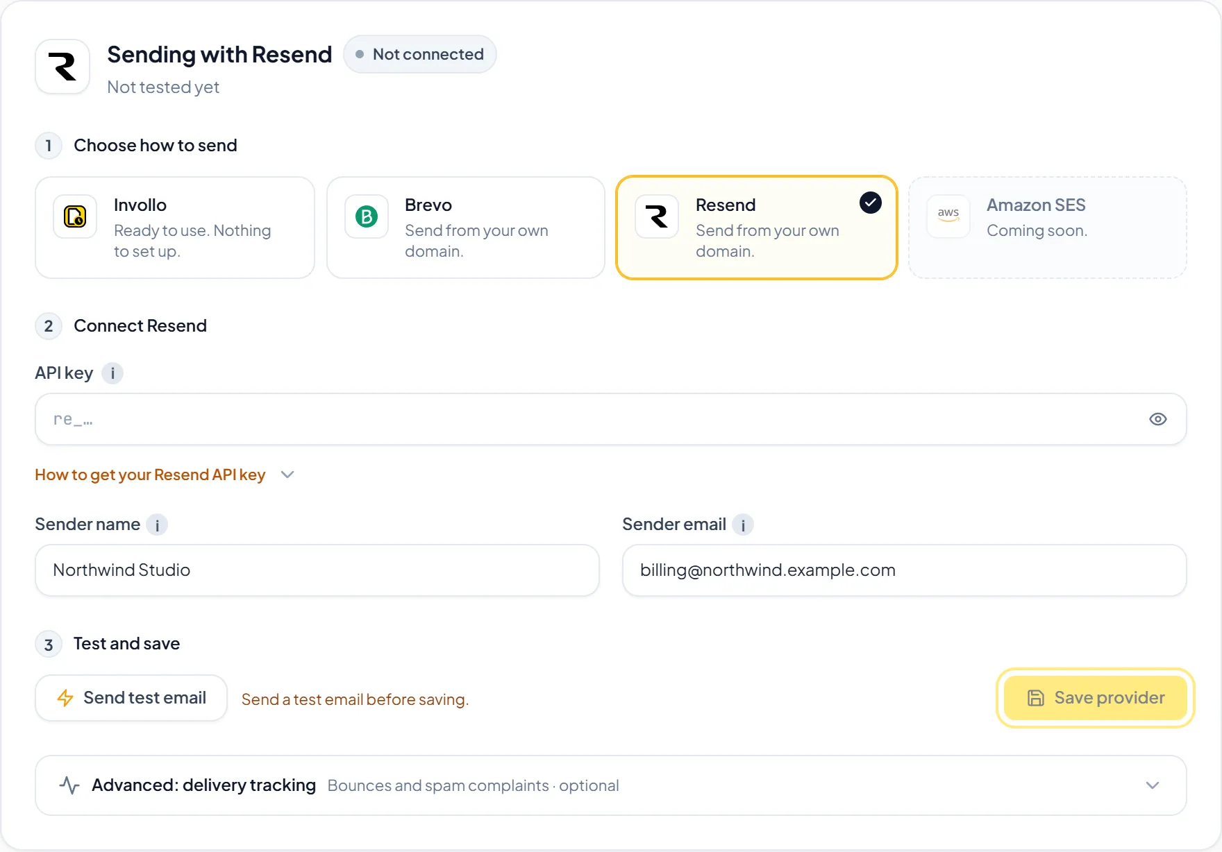 Custom email provider setup for sending invoices via Resend or Brevo