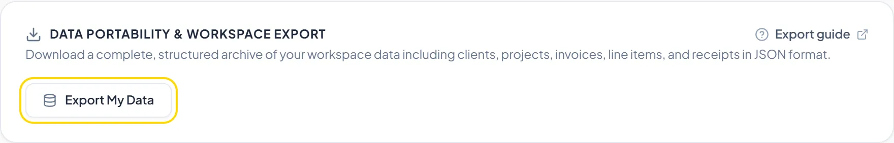 Workspace data export section in security settings with Export My Data action