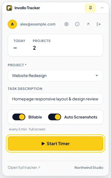 Invollo desktop tracker project selection and task setup with Start Timer highlighted