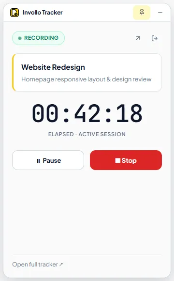 Invollo desktop tracker actively tracking billable time with screenshot counter