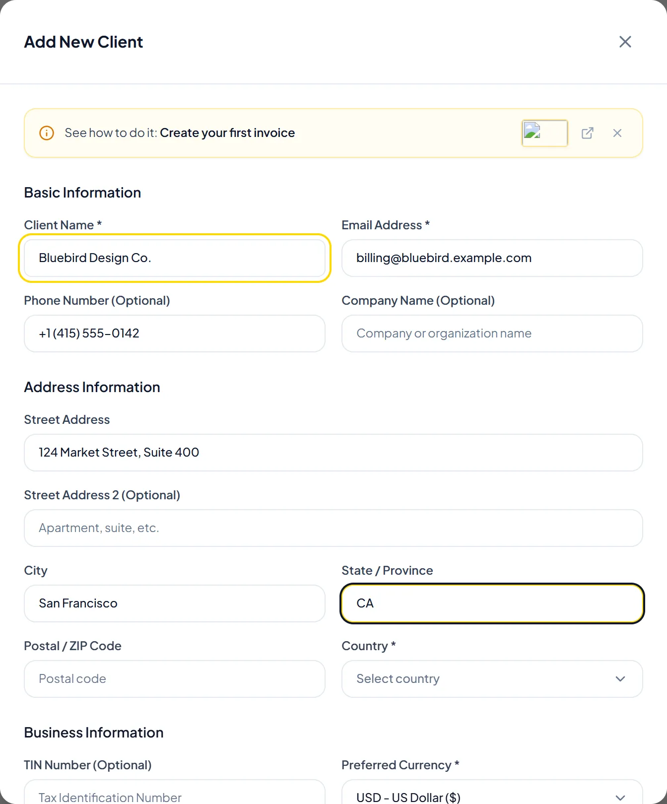 New client creation form with business details and currency selection