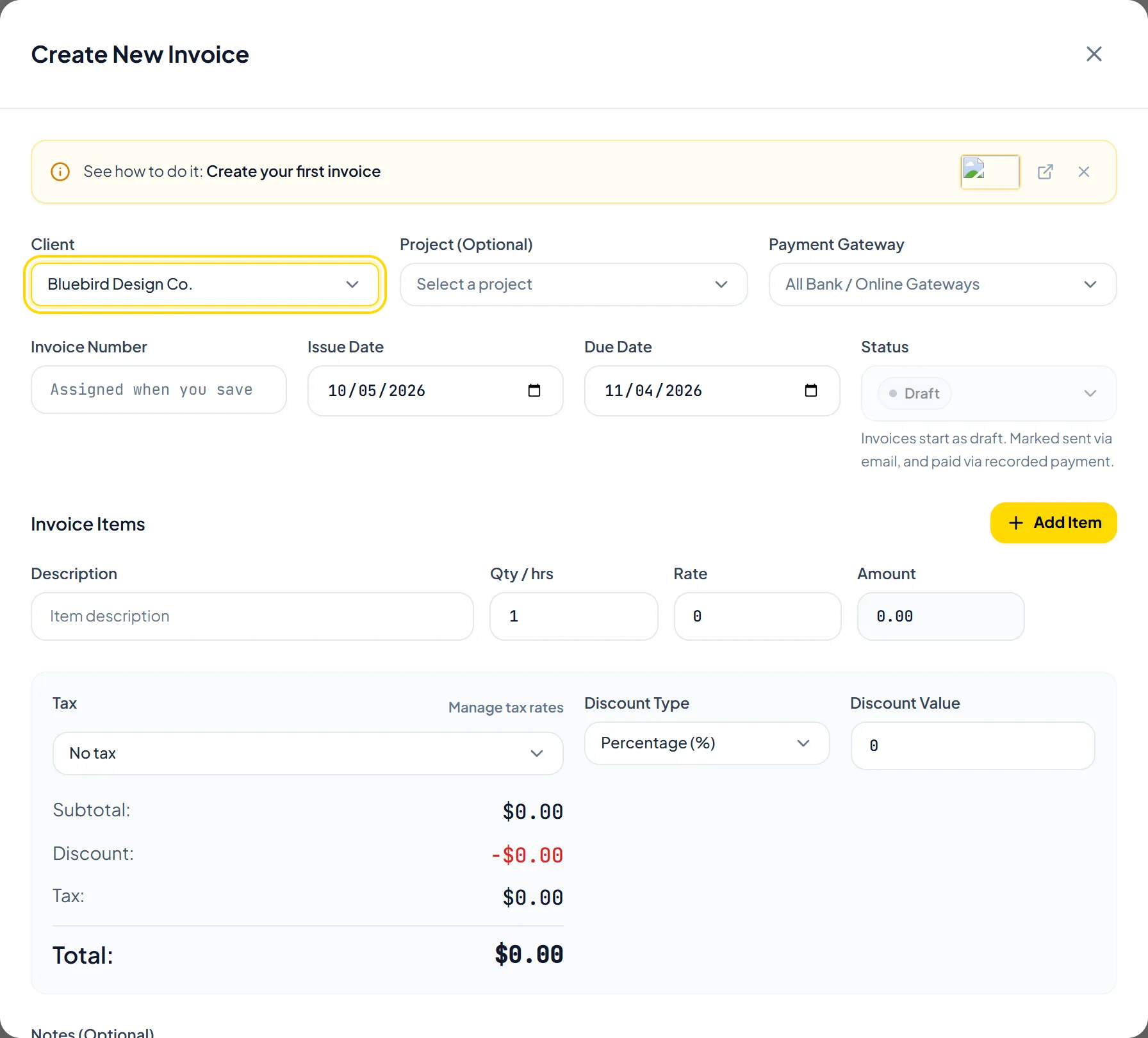 Invoice creation form with client selection, line items, and tax breakdown