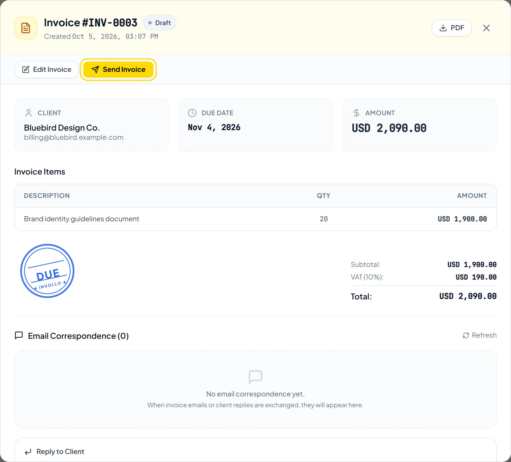 Invoice preview with Send Invoice button highlighted