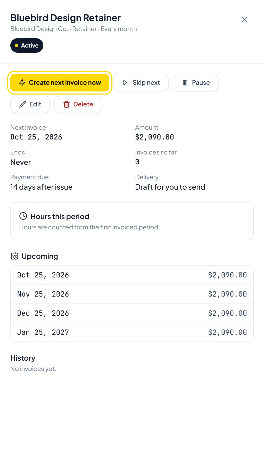 Recurring schedule detail drawer with pause, skip, and manual invoice creation actions