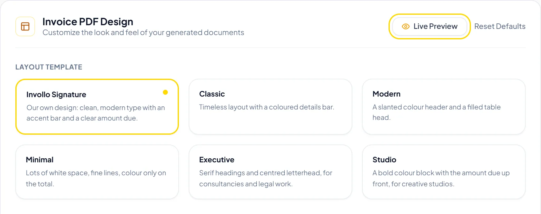 Invoice PDF Design settings with the six layout templates and the Live Preview button