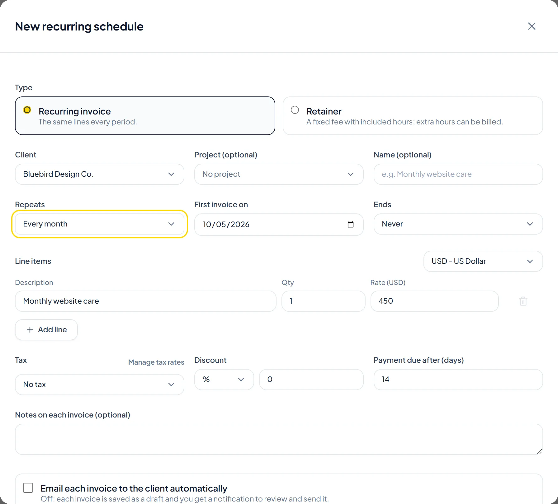 Recurring invoice creation drawer with interval, client, and item options