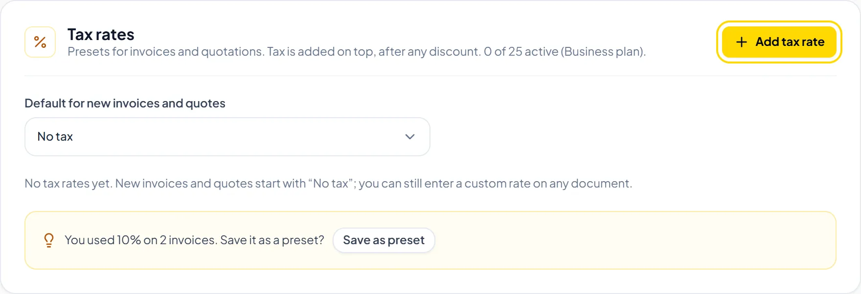 Tax settings panel with tax rates list and default rate selection