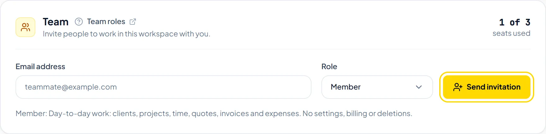 Team members management section with role assignment and invitation trigger