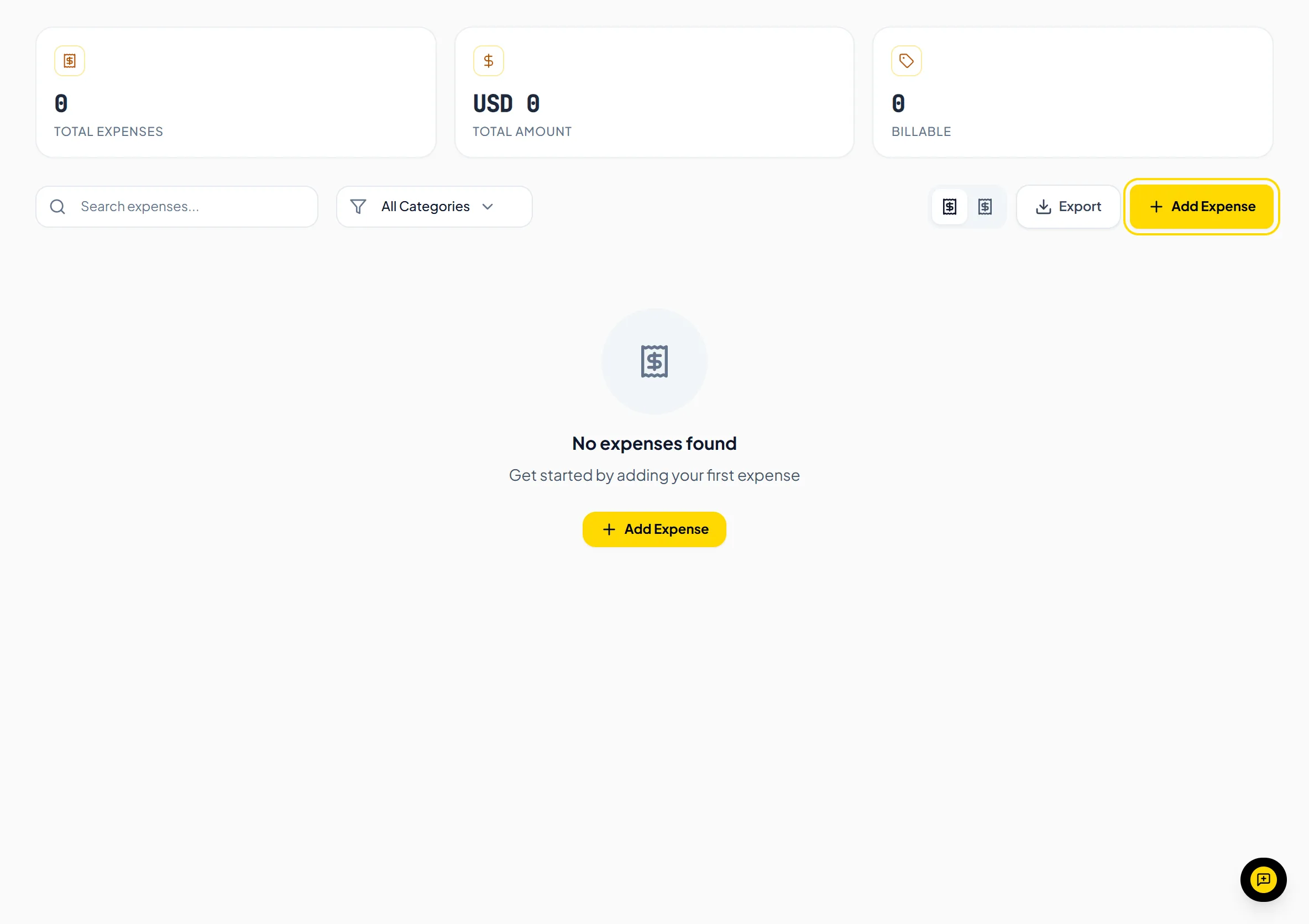 Business expenses page with logged expenses, categories, amounts, and billable status