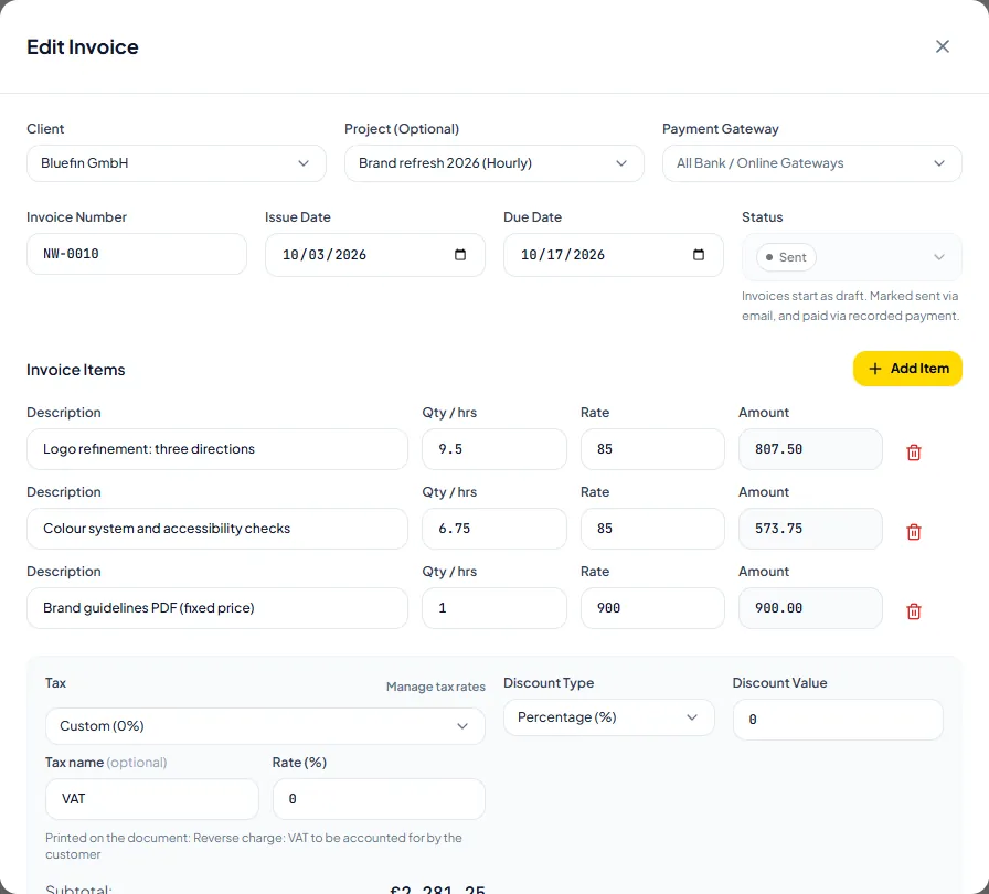 Invollo's Edit Invoice form for a euro invoice to Bluefin GmbH: client, project, payment gateway, invoice number, issue and due dates, three line items with hours, rates and amounts, and the tax section set to VAT 0% with a reverse-charge note.