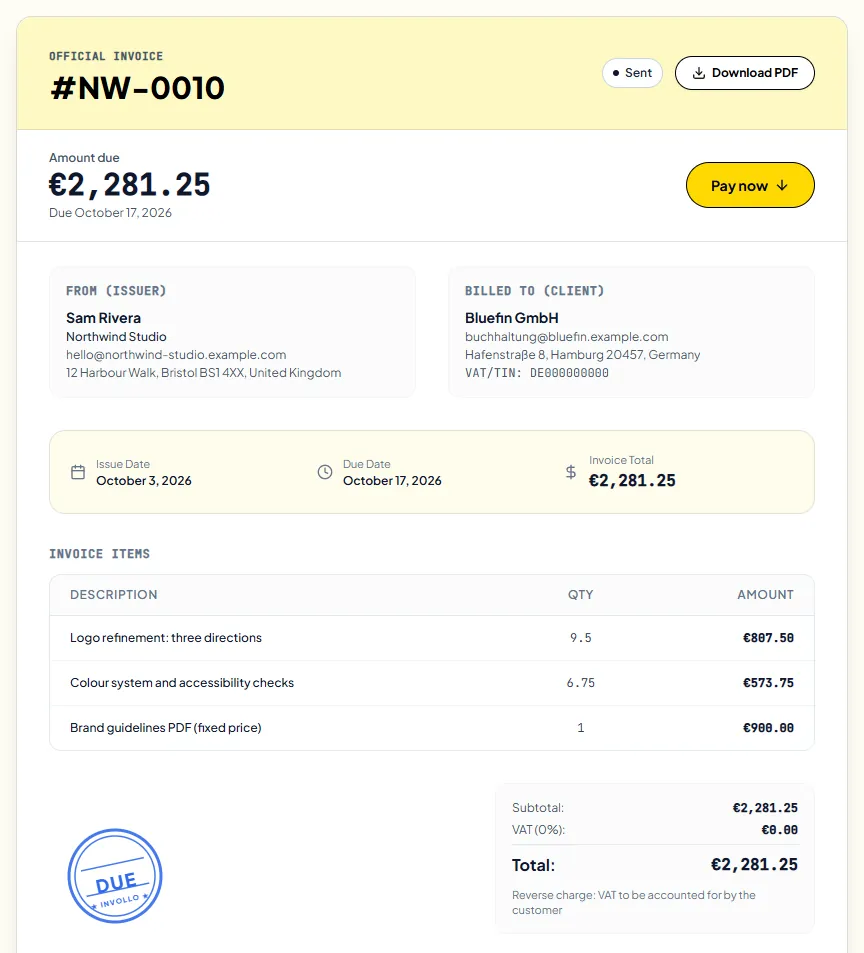 Public invoice page for a euro invoice: amount due €2,281.25 with a Pay now button, the issuer and the client with addresses and the client’s VAT number, issue and due dates, three line items, VAT at 0% with a reverse-charge note.