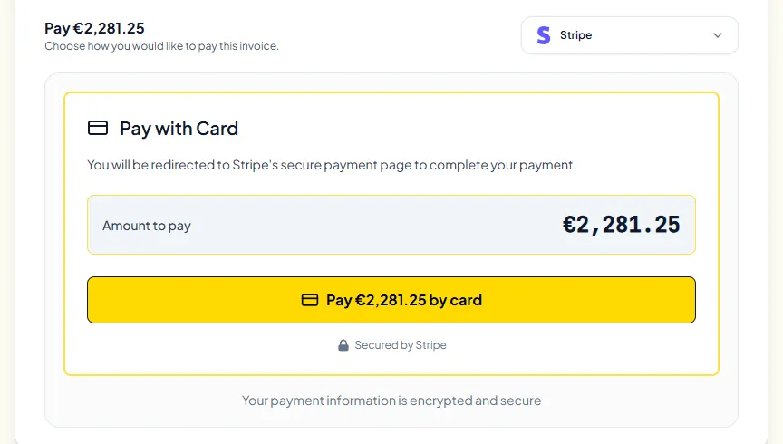 Payment section further down the same public invoice page: a payment method menu set to Stripe and a button to pay €2,281.25 by card on Stripe’s payment page.