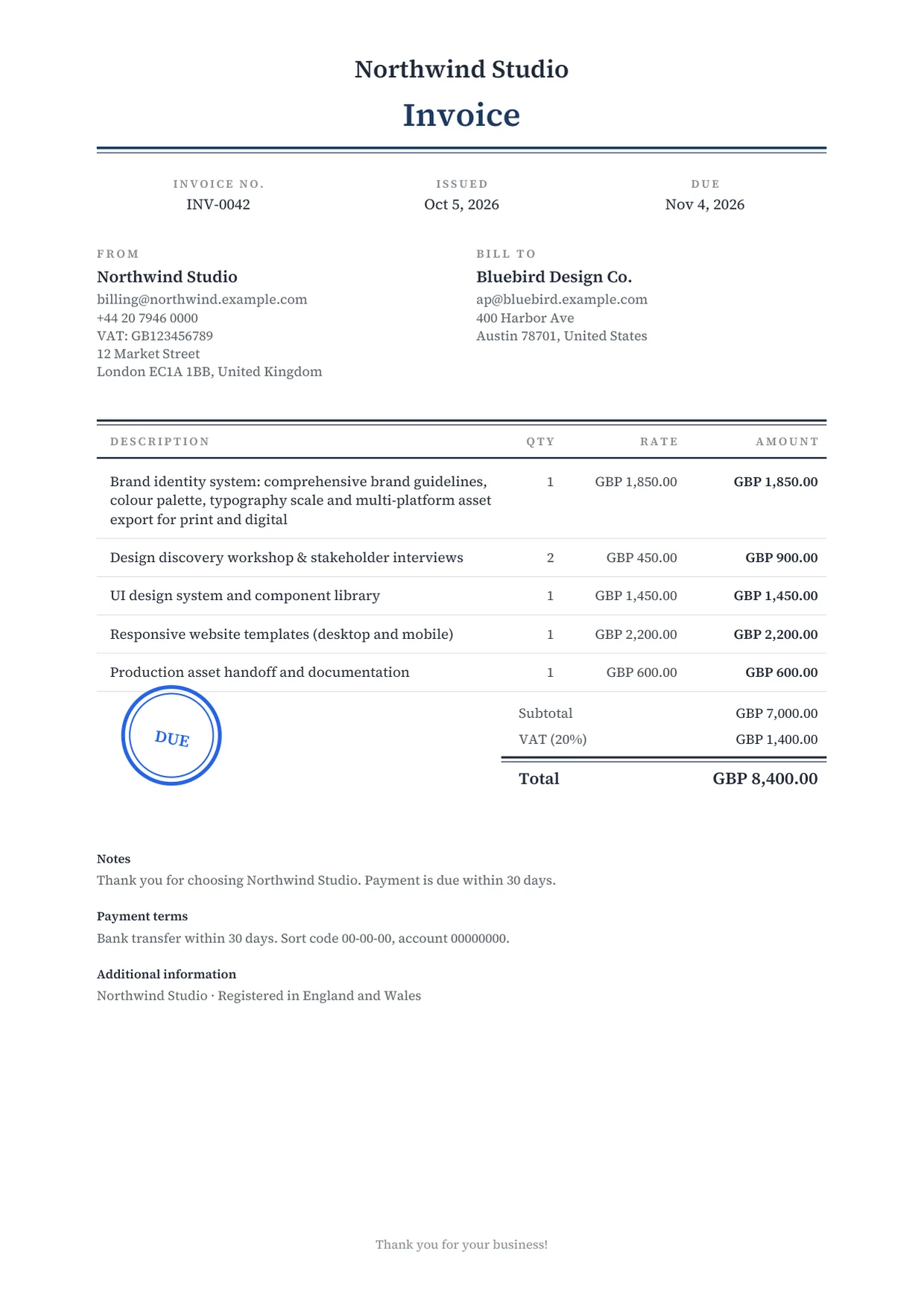Executive invoice template preview