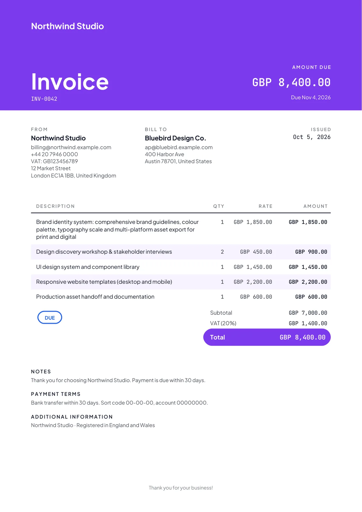 Studio invoice template preview